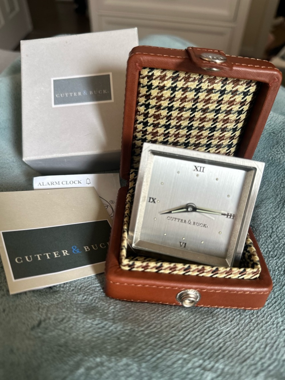 Cutter & Buck Vintage Brown Leather Travel Alarm Clock